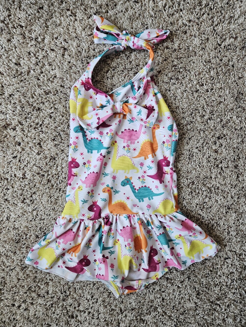 Kids White One-Piece Swimsuit with Colorful Dinosaur Print